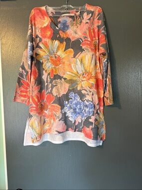 Soft Surroundings Floral V-Neck Tunic in Coral, Yellow & Blue